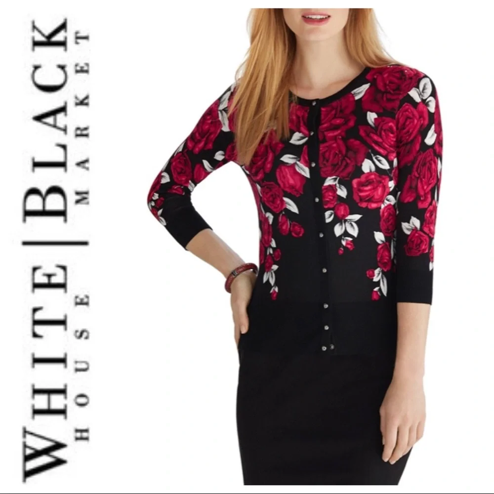 WHITE HOUSE BLACK MARKET ROMANTIC RED ROSE SNAP FRONT CARDIGAN SMALL